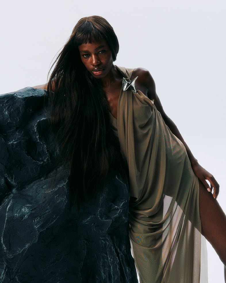 NICHP : Meteora Collection : Mirelle dress ผ้าตาข่ายยืด ตกแต่งอะไหล่สีเงิน