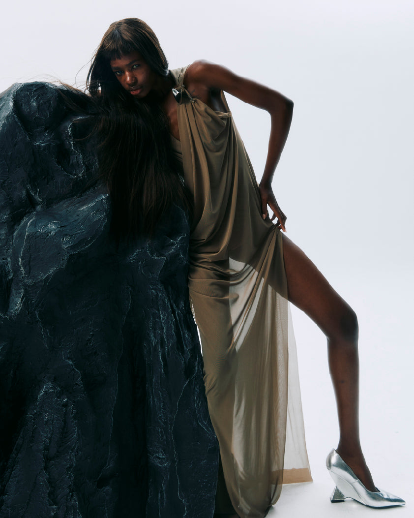 NICHP : Meteora Collection : Mirelle dress ผ้าตาข่ายยืด ตกแต่งอะไหล่สีเงิน